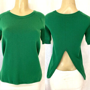 Cedric Charlier Sweater Knit Top Short Sleeve Round Neck Green Split Bac…